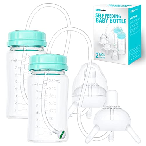 Skywin Self Feeding Baby Bottle 8oz Bottle Holder for Baby - 2 Pack Baby Bottle with Straw, Anti Colic, for Convenient Feeding (Green)