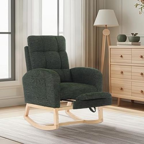 Nursery Rocking Chair with Adjustable Footrest for Living Room - Teddy Fabric, Solid Wooden Legs, Comfortable Lounge Armchair with High Backrest and Side Pockets (Modern, Dark Green)