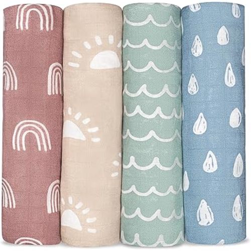 Comfy Cubs Muslin Swaddle Blankets Pack of 4, 47 x 47 Inches, Soft Cotton Baby Blanket Set, Large Multipurpose Swaddling Wraps for Newborns - Self-Soothing Swaddle - Sun, Rainbow, Rain, Doodle