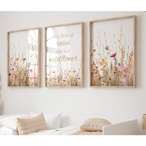 NATVVA Set Of 3 Modern Canvas Prints In A Field Of Roses She Is A Wildflower Painting Meadow Flowers Floral Pictures Minimalist Wall Art for Girl Nursery Decor With Inner Frame