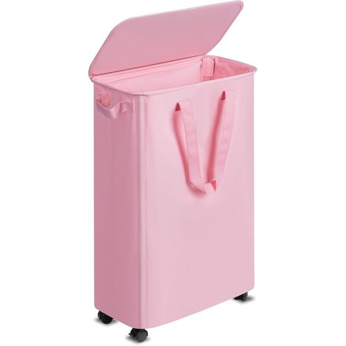 Slim Laundry Hamper with Lid and Wheels, Small Rolling Laundry Basket with Handle for Small Spaces, Tall Dirty Clothes Hampers for Dorm, Bathroom and Bedroom, 55L, Pink