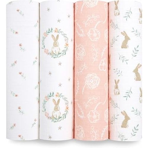 aden + anais Essentials Muslin Swaddle Blankets for Baby Girls and Boys, Newborn Receiving Blanket for Swaddling, 100% Cotton Baby Swaddle Wrap, 4 Pack, Blushing Bunnies