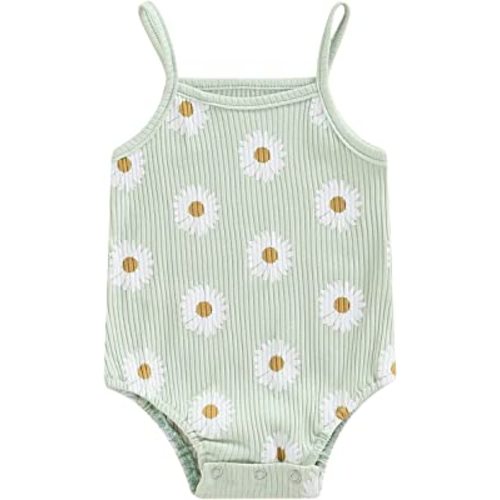 MAINESAKA Newborn Baby Girl Spaghetti Strap romper Sleeveless Ribbed Knit Daisy Print Bodysuit Cute Summer Tank Romper
