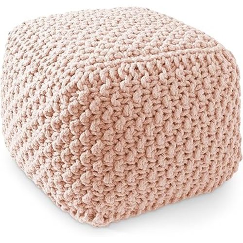 Casafield Square Pouf Ottoman, Light Pink 18.5" W x 18.5" D x 14.5" H Cotton Knit Foot Stool - Boho Floor Pouffe for Living Room, Bedroom, Home Office