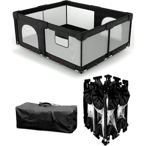 Dearlomum Foldable Baby Playpen with Non Removable Mat, Extra Large Collapsible Play Yard for Babies & Toddlers, Portable Travel Playpen, Baby Activity Center for Indoor & Outdoor Use (Black 59"×71")
