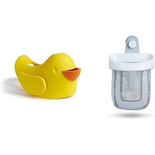 Munchkin® Beak™ Bath Spout Cover Safety Guard with Built-in Bubble Bath Dispenser, Yellow & Super Scoop™ Hanging Bath Toy Storage with Quick Drying Mesh, Grey