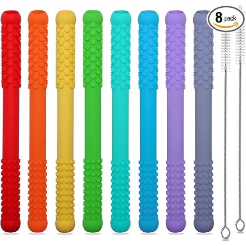 Teething Straws Sticks for Babies 6-12 12-18 Months, 8 Pack Teething Toys 3-6 Months, Silicone Teethers for Babies Toddlers Nursing Biting Chewing, Autism Chew Toys for Sensory Kids Teething Relief