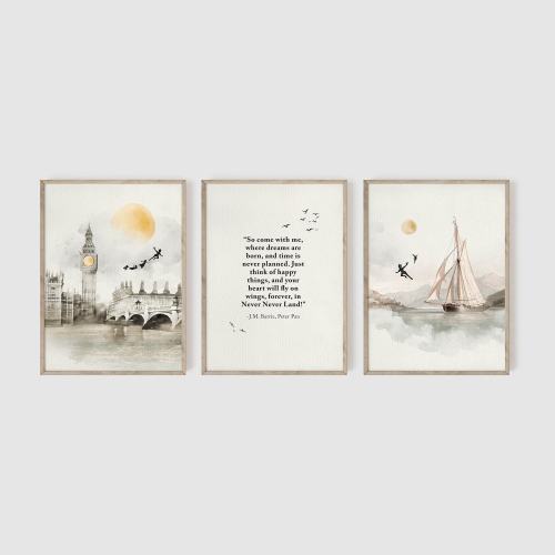 Peter Pan Nursery, Set of 3, Classic Peter Pan and Wendy Art Prints, Peter Pan Art, Classic Nursery Art, Nursery Wall Art, Quote Wall Art