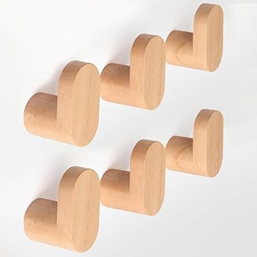 LIVESO Wood Wall Hooks, 6 Pack Modern Minimalist Wood Hooks Wall Mounted, Natural Wooden Wall Coat Hook Rack, Wooden pegs for Hanging Hat, Towel, Robe, Bag