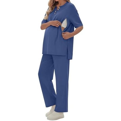 2 Piece Maternity Nursing Set Postpartum Breastfeeding Short Sleeve Zipper Shirts Wide Leg Pants Pregnancy Clothes