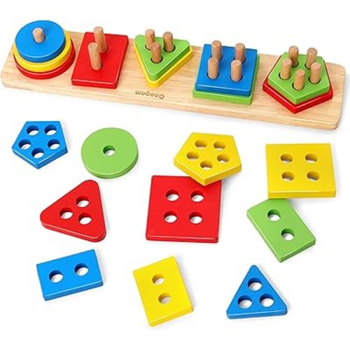 Coogam Wooden Sorting Stacking Montessori Toys, Shape Color Recognition Blocks Matching Puzzle Stacker Geometric Board Early Educational Puzzles for Years Old Boys and Girls