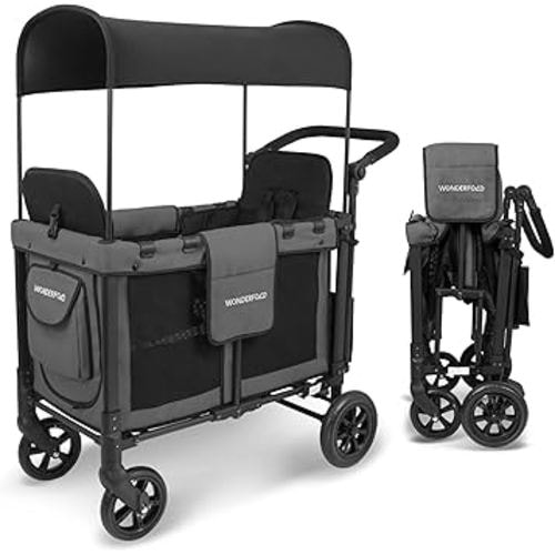 WONDERFOLD W2 Original+ Stroller Wagon (2 Seater) - Collapsible Wagon Stroller with Seats with 5-Point Harnesses, Easy-Access Door, and Adjustable Sun Canopy, Charcoal Gray