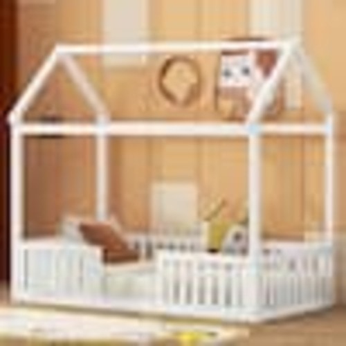 Harper & Bright Designs White Twin Size Wood House Bed with Fence and Door QHS182AAK