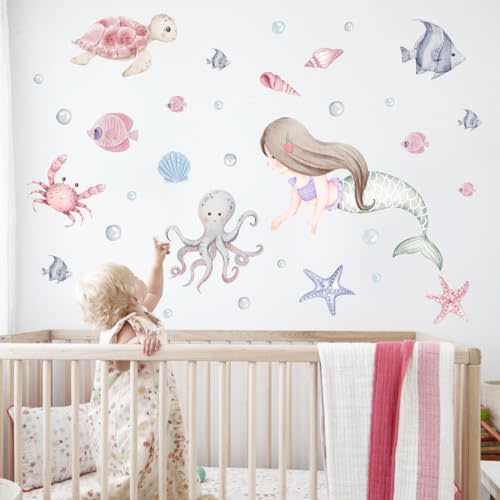 Mermaid Wall Decals，Under The Sea Animals Wall Stickers，Baby Girls Mermaid Wall Decals Stickers，Ocean Fish Turtle Wall Stickers Bathroom Girls Bedroom Baby Nursery Wall Decoration.