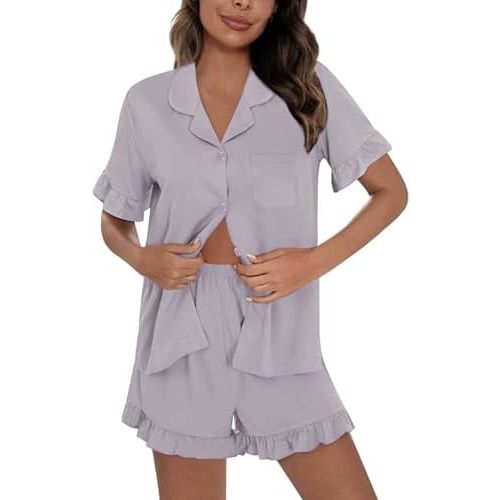 SWOMOG Woman Pajama Set Short Sleeve Pjs Set 2Pcs Short Pajamas Button Down Ruffle Hem Sleepwear Soft Modal Loungewear