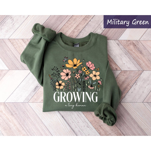 Floral Pregnancy Shirt, Growing Tiny Human, Maternity Sweatshirt, Wildflowers Pregnancy Announcement Tee, Expecting Mom Gift,Mom To Be Shirt