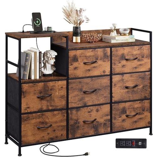 WLIVE Dresser TV Stand for Bedroom with Charging Station, Wide Storage Chest of Drawers with 8 Large Fabric Drawers and Open Shelves, Storage Organizer Unit for Closet, Living Room, Rustic Brown