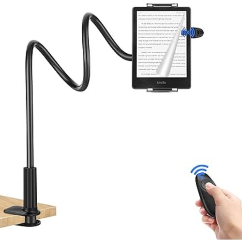 Gooseneck Tablet Holder for Kindle with Remote Page Turner, Lazy Arm Stand for Kindle Paperwhite Colorsoft, Reading in Bed with Remote for Kindle Accessories, Gift for Men Women Readers Bedside