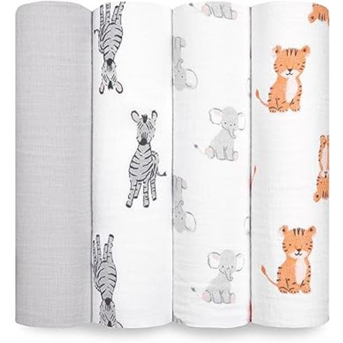 aden + anais Essentials Muslin Swaddle Blankets for Baby Girls and Boys, Newborn Receiving Blanket for Swaddling, 100% Cotton Baby Swaddle Wrap, 4 Pack, Safari Babes