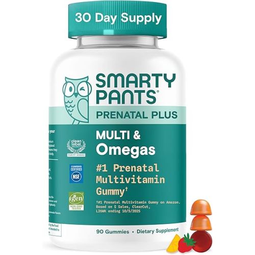 SmartyPants Prenatal Multivitamin Gummies with Omega 3 DHA/EPA, Methylfolate, Biotin, Vitamins D3, C, B12, B6, A, K, and Zinc, Gluten Free, Clean Label, Two Fruit Flavors, 90 Gummies (30 Day Supply)