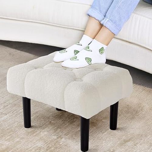 HOUCHICS Fur Padded Foot Stool, Small Ottoman Foot Rest with Wooden Legs,Modern Rectangle Chair Foot Rest Foot Step Stool for Living Room, Couch, Desk(White)