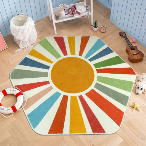 Lahome 4'x4'7" Hexagonal Rainbow Sun Rug,Boho Machine Washable Carpet for Kids' Playrooms, Classrooms & Dorms, Non-Slip Faux Wool Rug for Reading Corners & Nurseries