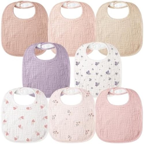 Bearmoss Baby Bibs for Drooling and Teething 100% Cotton Muslin Bibs for Baby Boy & Girl,Adjustable, Ultra Absorbent,8 Pack