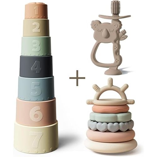 Moonkie Baby Toy Bundle | Stacking Cups & Rings + Koala Silicone Teether | 3-in-1 Educational & Teething Set for Babies 6-12 Months | Soft BPA-Free Silicone Toys for Learning, Teething & Play