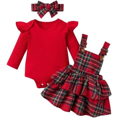 Mubineo Baby Girl Christmas Clothes Plaid Outfits Long Sleeve Romper Overall Skirt Dress Cute Newborn Outfit