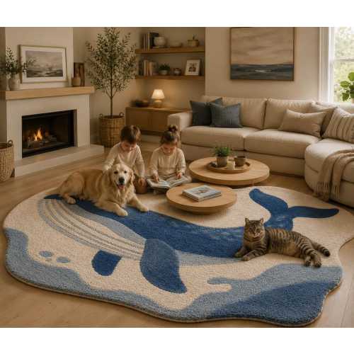 Hand Tufted Whale Wool Rug, Blue Ocean Nursery Carpet, Coastal Playroom Decor