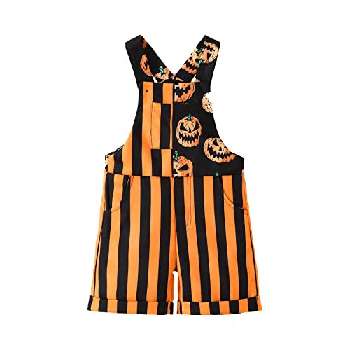 Noubeau Halloween Toddler Baby Boy Bib Overalls Stripe Pumpkin Grimace Romper Casual Pocket Strap Jumpsuits Shorts (Orange, 6-9 Months)