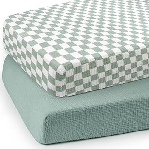 lulumoon Baby Muslin Crib Sheets: Soft & Breathable Fitted Crib Sheets for Boys - Green Square Sheets for Standard Crib 2Pack
