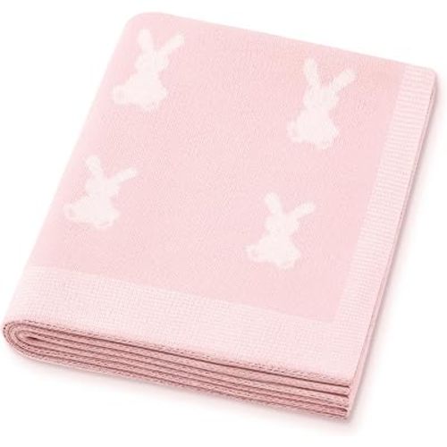 Organic Cotton Baby Blanket - Soft Luxury Knit Receiving Blanket for Newborns & Toddlers, Cozy Breathable Stroller Blanket with Pattern, Unisex, 30x40Inch（Bunny-Pink）