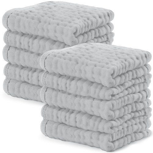 Comfy Cubs Baby Washcloths, Muslin Cotton Baby Towels, Large 10”x10” Wash Cloths (Heather Blue, Pack of 10)