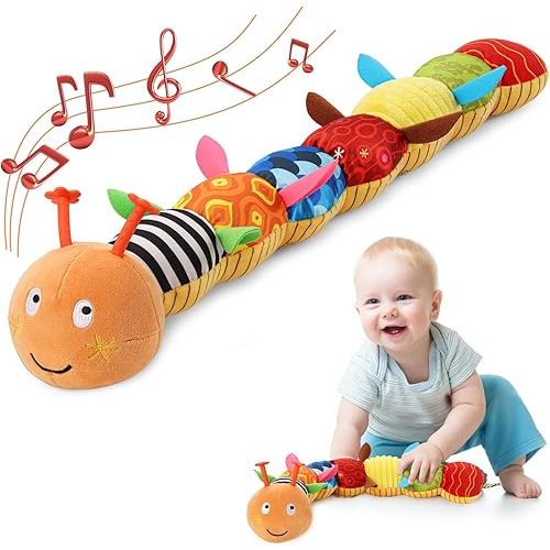 Baby Toys 0 to 12 Months, Musical Stuffed Animal Activity Soft Toys with Multi-Sensory Crinkle, Rattle and Textures, Infant Tummy Time Toys for Newborn Boys Girls, Caterpillar, Orange