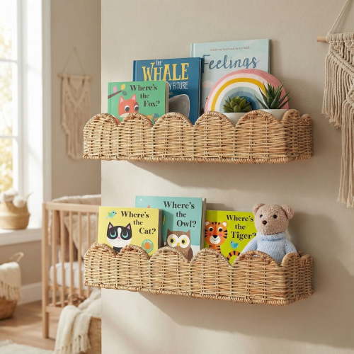 HBK Rattan Nursery Book Shelves Set of 2, 15.8 in Scalloped Wall Mounted Bookshelf for Kids Room, Boho Wicker Floating Shelves for Baby Decor