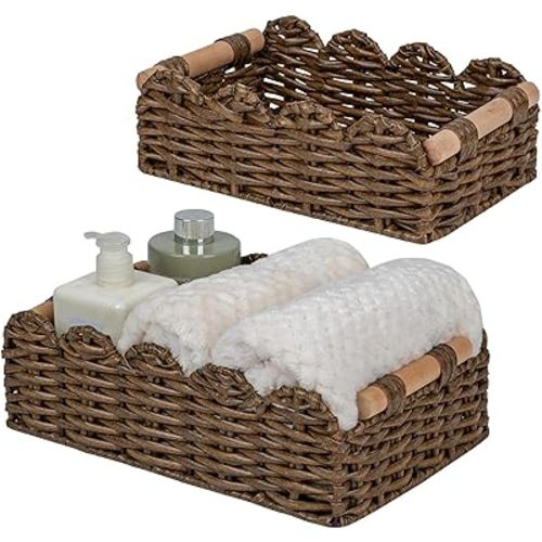CubesLand PP Wicker Scalloped Edge Floating Shelves Baskets Set 2, Toilet Basket for Over Toilet Storage Shelf, Ending Table, Nightstand Organizing and Home Décor, Rattan Basket Come with Wood Handle