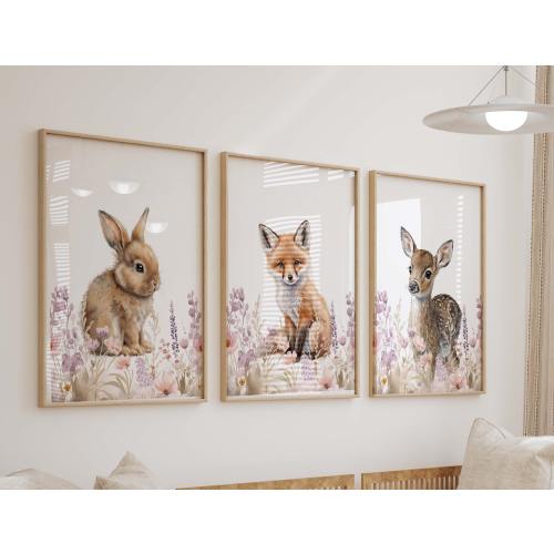 Floral Woodland Watercolor Prints, Girl Animal Nursery Wall Art, Girl&#39;s Room Decor, Set of 3 Art Prints Shipped, Unframed 277