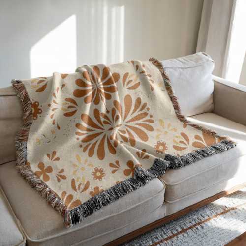 Talavera Inspired Woven Blanket, Mexican Floral Fringe Throw, Cozy Home Decor, Cream & Terracotta Brown Wall Tapestry, Spanish Couch Accent