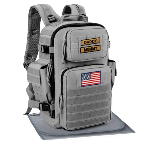 SHARKMOUTH Baby Diaper Bag for Dad - Large Military Daddy Gear Backpack with Changing Pad for Travel Camping Hiking - Newborn Baby Shower Gifts Gray