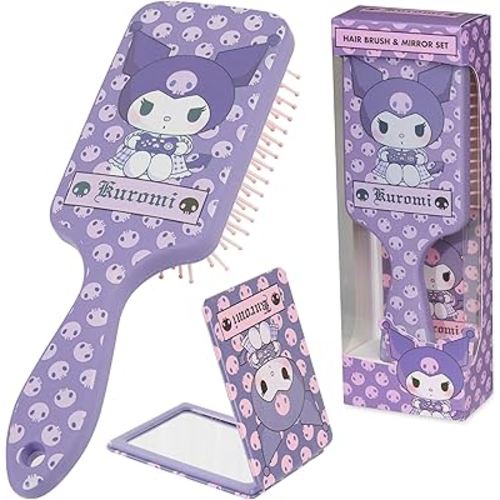 Hello Kitty Hair Brush and Compact Mirror Set for Girls, Teens, Women, Detangler Brush, Kawaii Cute Stuff, Makeup Gifts for Her (Kuromi Brush & Mirror)