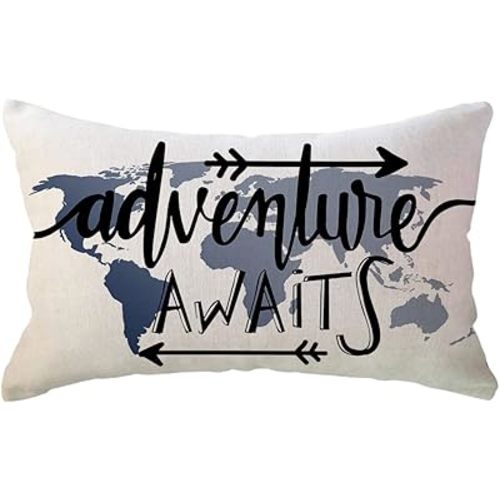 Blue World Map Adventure Lumbar Throw Pillow Cover Adventure Awaits Arrow Decor Cabin/Camper Geography Theme Decorative Rectangular/Waist Pillowcases 12 x 20 Inch for Sofa/Couch/Porch(12"×20", Blue)