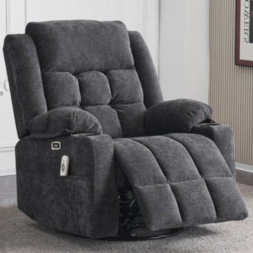KETAIYOU Power Swivel Rocker Recliner Chair, Rocking, Adult, Fabric, Solid Print, Home Theater, Heated and USB/Type-C, Dark Grey