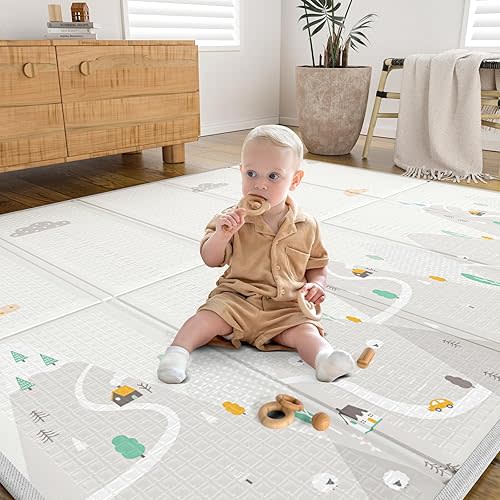 ZEEBABA Play Mat, 59"x71" Foldable & Reversable Large Play Mat, 0.4" Thick Waterproof Foam Mat, Baby Activity Tummy Time Mat, Foam Play Mat for Babies and Toddlers
