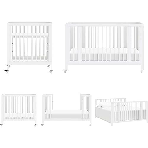 babyletto Rolli 9-in-1 Convertible Baby Crib w/Wheels - Includes Pad & Conversion Kits for Bassinet, Standard Crib, Toddler Bed, Daybed & Junior Bed - GREENGUARD Gold - 3 Adjustable Heights - White