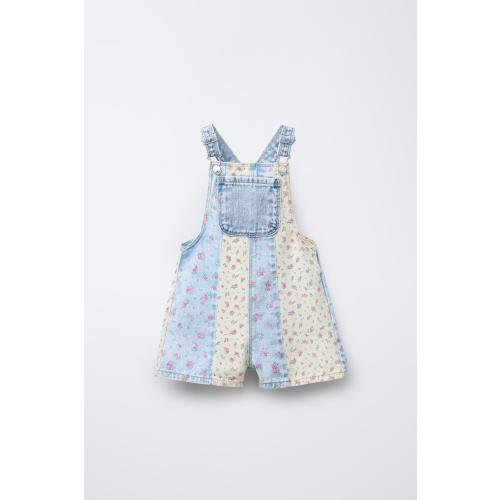 PATCHWORK FLORAL DENIM OVERALL SHORTS - Light blue | ZARA United States