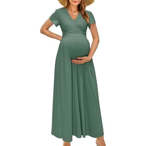 OUGES Maternity Maxi Dress Wrap V Neck Baby Shower Pregnancy Dresses for Photoshoot