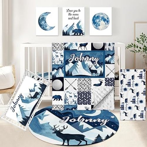 Custom Baby Crib Bedding Set, 5 Pcs Personalized Name Baby Crib Set for Toddlers, Blue Deer Nursery Bedding Set for Boy Girl, Double Layer Baby Bedding Set, Infant Crib Set Customized Gifts