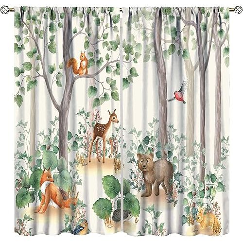 Forest Animal Curtains,Fox Elk Bird Animal Watercolor Woodland Print Curtains Kids Nursery Bedroom Living Room Home Decoration 42x45 Inch