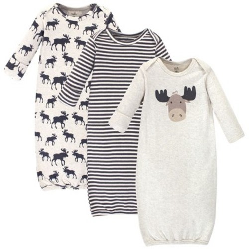 Touched by Nature Baby Boy Organic Cotton Long-Sleeve Gowns 3pk, Tan Moose, 0-6 Months